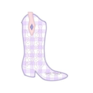 May include: A light purple and white gingham cowboy boot design with a light pink accent and a diamond-shaped embellishment. The boot has a decorative stitched outline and the text "Sweet Petunia Stitches".