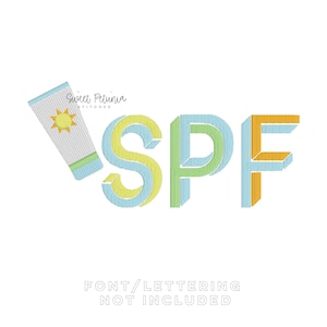Pode incluir: Um design de bordado apresentando um tubo de protetor solar com um ícone de sol amarelo, seguido pelas letras SPF em estilo bloco. O tubo é branco com detalhes em azul claro e verde. O texto Sweet Petunia Stitches é visível acima.