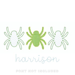 May include: Three green and white spider appliques with a blue and white spider applique on each side. The word "harrison" is written in blue cursive below the appliques. The text "FONT NOT INCLUDED" is written in black below the name.