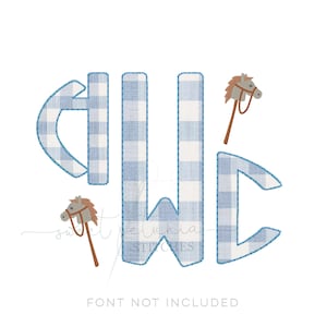 May include: Blue and white gingham monogram with the letters AWC. Two toy rocking horses are on either side of the monogram.