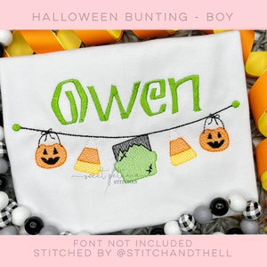 Halloween Boys Trick Or Treat Candy Corn Frankenstein Jack-O-Lantern Pumpkin Banner Bunting Halloween Sketch Fill Machine Embroidery Design