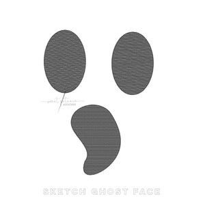 May include: A sketch of a ghost face with two oval eyes and a curved mouth, all in a textured gray color. The text "SKETCH GHOST FACE" is at the bottom of the image, with a signature above the mouth.