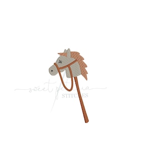 May include: A gray and brown toy horse on a stick. The horse has a brown bridle and mane. The stick is brown.