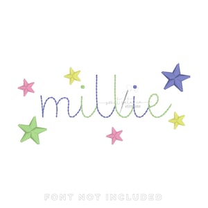 May include: A white background with the name "Millie" in a stitched font, surrounded by colorful star shapes. The name is in a combination of purple and green thread. The stars are pink, yellow, green, and purple.