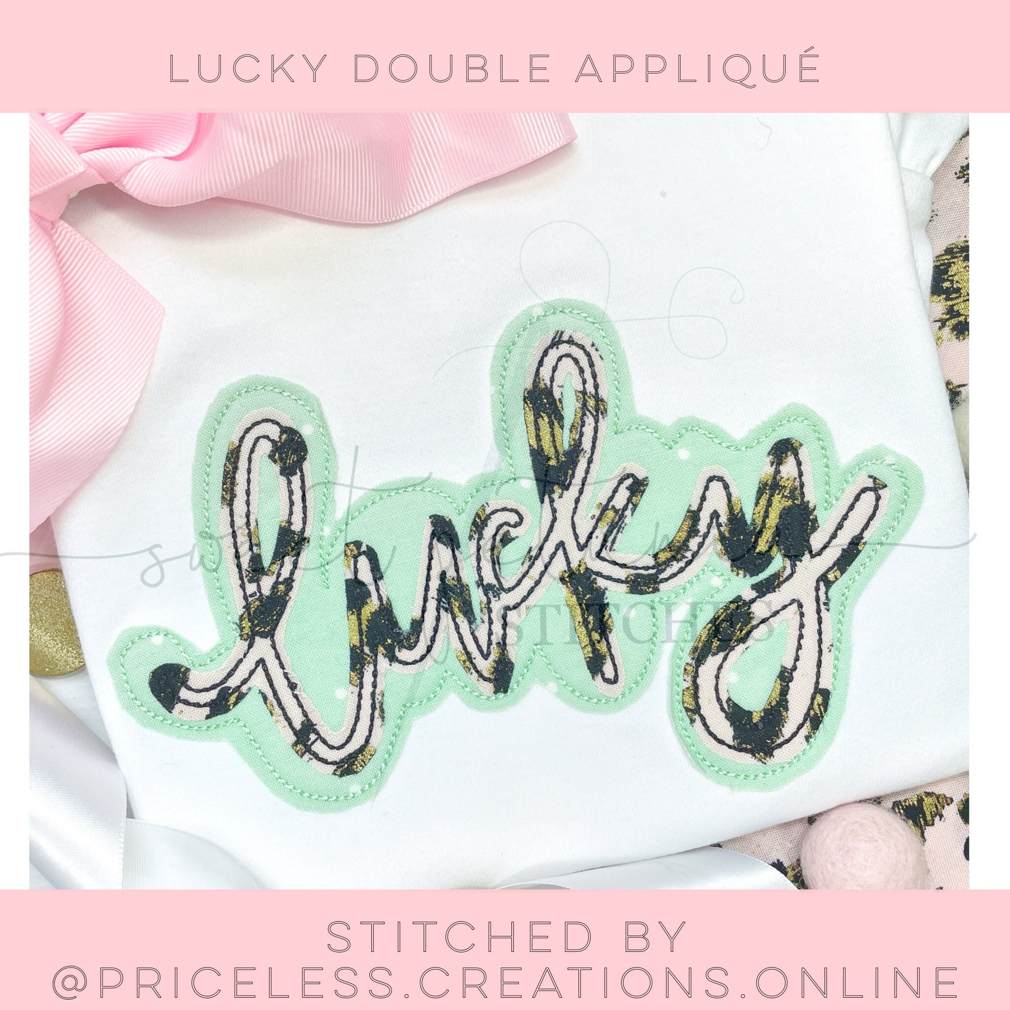 Lucky St. Patricks Day grüner Kobold Text Doppel Applikation Bean Stitchen Applikation Maschinenstickerei