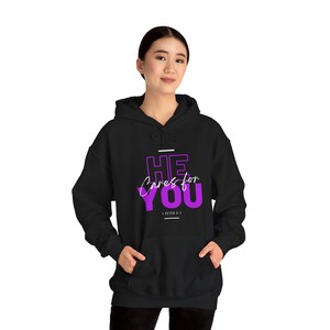 He Cares for You 1 Peter 5:7, Unisex Heavy Blend Hooded Sweatshirt, Bible Verse, Religious Hoodie