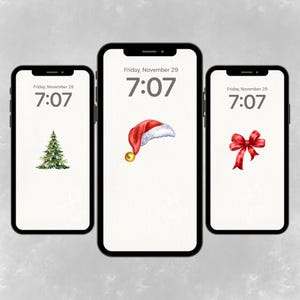 May include: Three smartphones with festive wallpapers. The screens feature a Christmas tree, a Santa hat, and a red bow. Each screen displays the date "Friday, November 29" and the time "7:07".