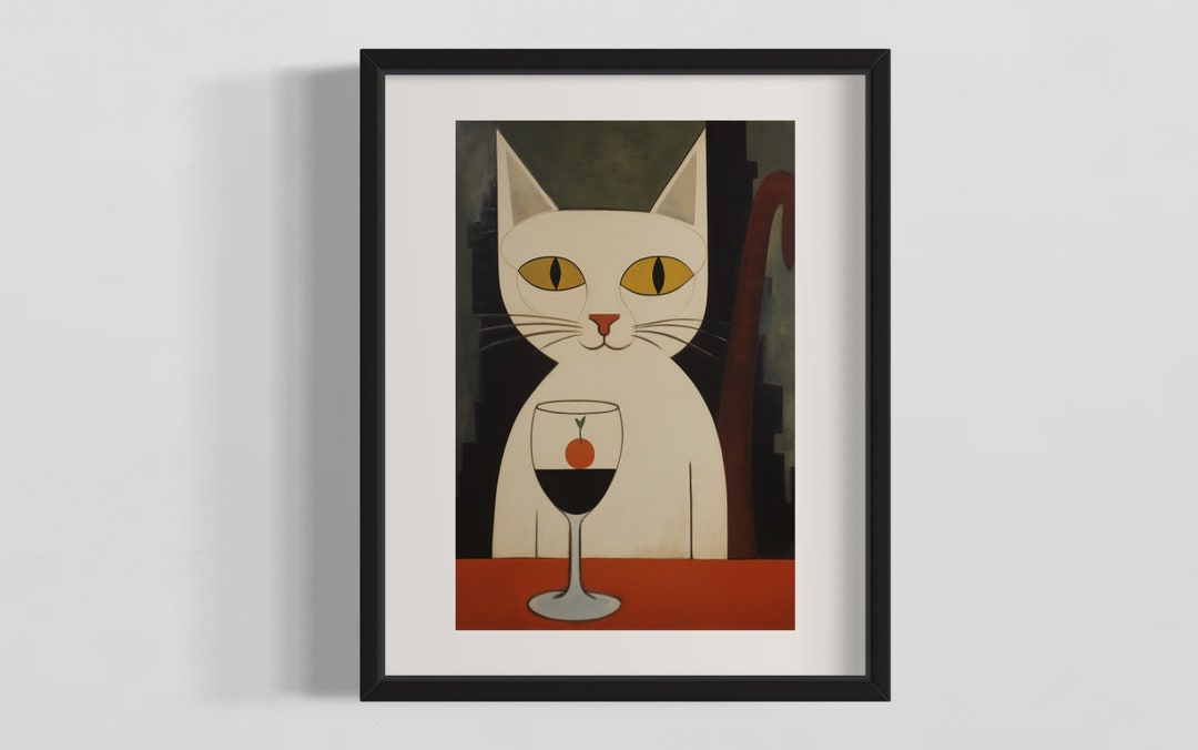 Wine Cat Wall Art Print: Wine Drinking Cubist Style White Cat - Etsy