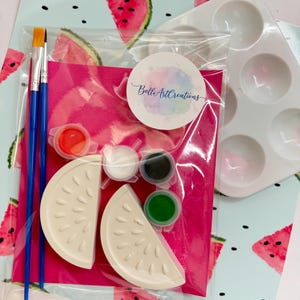 Pode incluir: Um kit de pintura com tema de melancia com dois pincéis, potes de tinta e duas fatias de melancia de cerâmica. O kit é embalado em um saco plástico transparente sobre um fundo rosa. O fundo apresenta um papel azul claro com fatias de melancia.