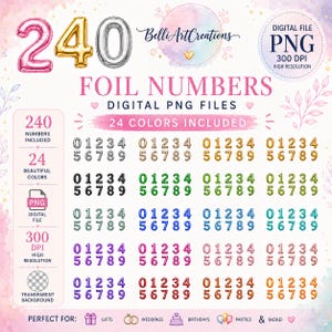 Puede incluir: Archivos PNG digitales de números de lámina en 24 colores, incluyendo rosa, dorado, plateado, negro, verde, azul, morado y rojo. La imagen incluye los números 0-9 en varios colores, perfecto para regalos, bodas, cumpleaños y fiestas.