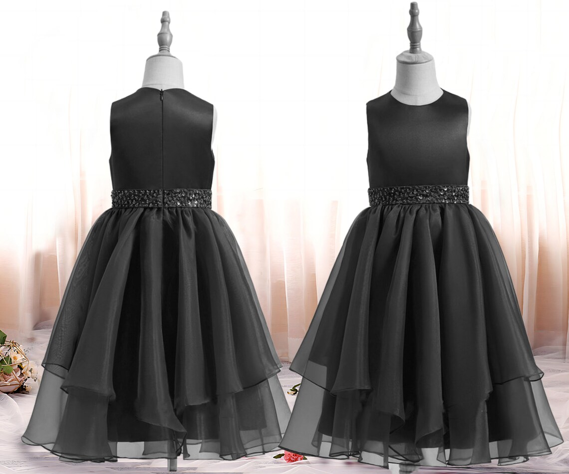 Black Knee Length Organza Satin Flower Girl Dresses Knee Length Girls