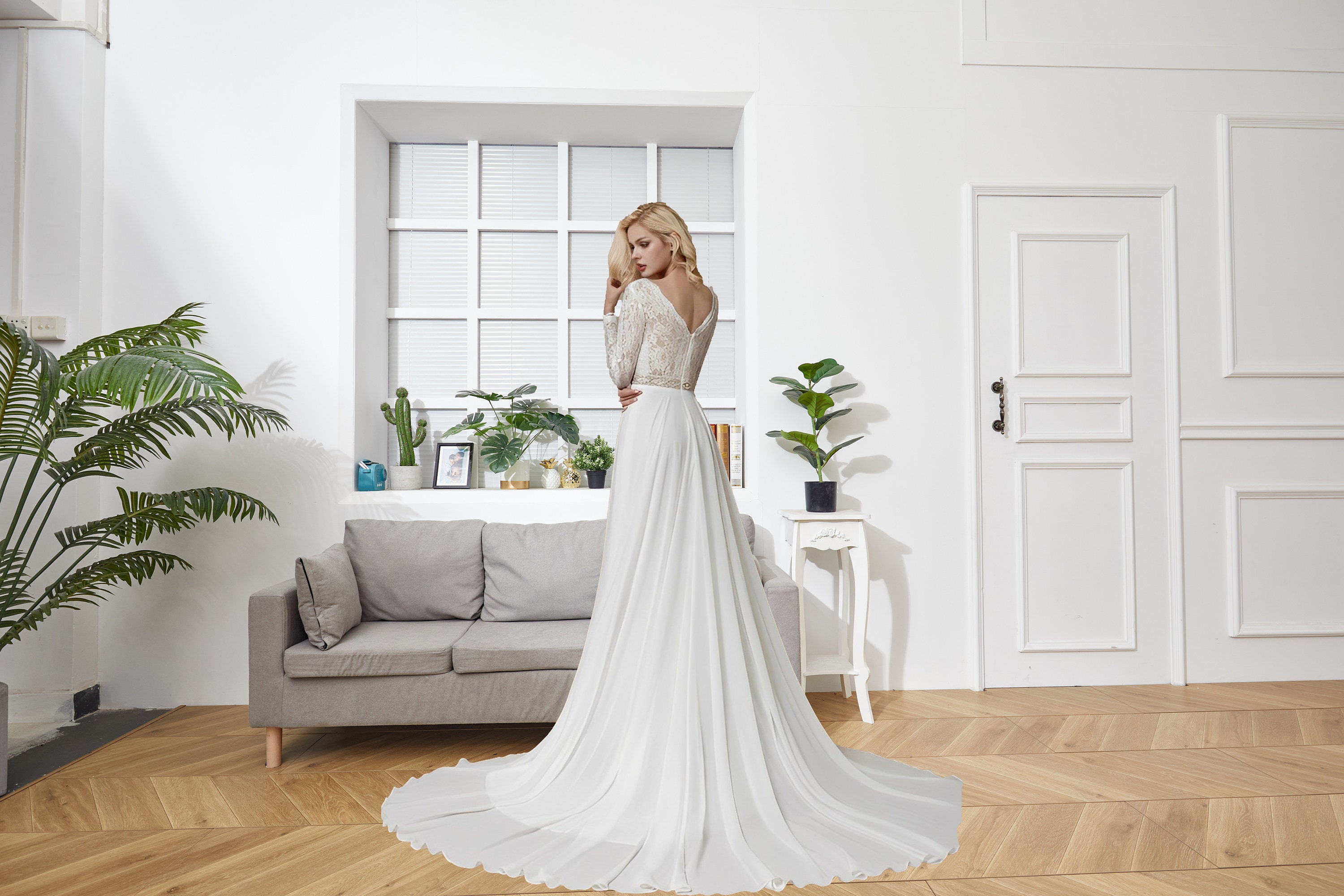 Elegant Boho A line Wedding DressV neck lace applique chiffon bride dress robe de mariee A line Wedding Bridal Gown AL-QK243