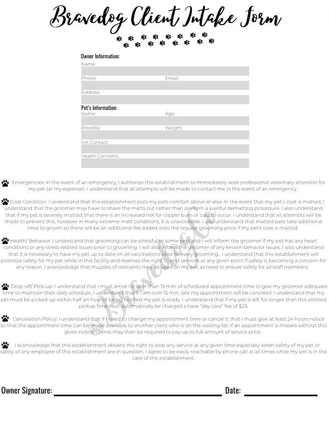 Grooming Client Intake Form Digital Download - Etsy