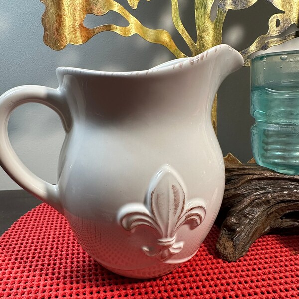 Fleur De Lis Pitcher 6" H White beautiful for tea or flowers of your choice so cute in perfect condition. Great size and just lovely for use