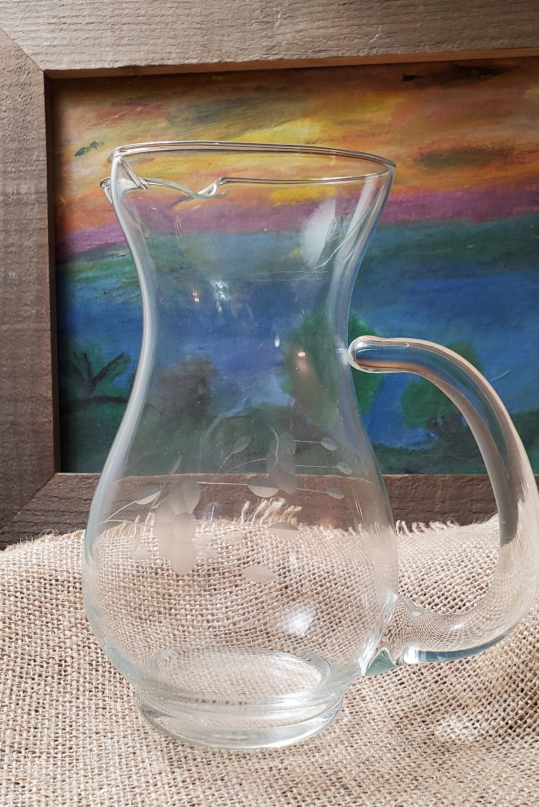 Hand Blown Crystal Glass Princess House heritage Pitcher With Etched
