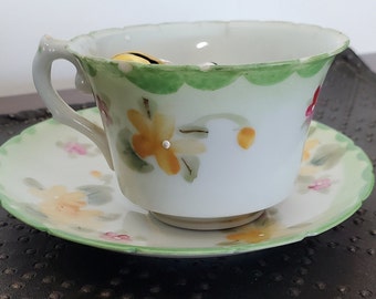 Teacup and Saucer Hand-painted Floral Set: Scalloped Edge