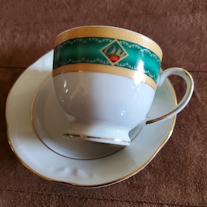 Art deco Tea cup and saucer gold with green design Cup and saucer set, Vintage T-Cup and Saucer, Teaware on white china,
