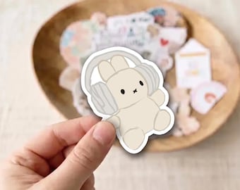 Kawaii Bunny Headphones Sticker, Cream Plush Rabbit Decal, Music Lover Stationery