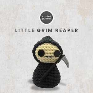 May include: Crochet pattern for a small, black and beige Grim Reaper amigurumi doll. The doll has a black hooded robe, a beige face, and a black scythe.
