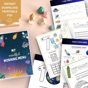 Space theme morning menu, preschool morning menu printable, preschool worksheets, homeschool menu, alphabet printable, toddler busy book