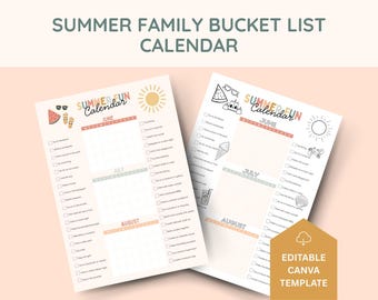 Editable printable summer calendar poster, Summer activity ideas, Bucket List, Summer Checklist, Family Calendar, Boredom Busters