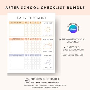 Editable Daily Checklist for Kids | Printable | Kids Responsibility Chart, To Do list | Before and After School | Daily Routine, Chore Chart