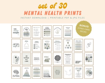 30 letreros decorativos para consultorios de terapia, pósteres de consejería, arte mural para terapia, paquete de impresiones para psicólogos escolares, citas de TCC, regalos de salud mental