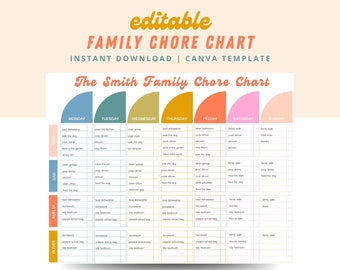 Family Calendar | Kids Adults Chore Chart | Family Chore Chart Template | Editable Family Planner Printable | Weekly House Chores