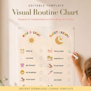 May include: A clear acrylic visual routine chart featuring two columns titled Rise & Shine and Sweet Dreams. The chart includes colorful icons and text for daily tasks like wake up, have a bath, and brush teeth, with checkboxes for tracking progress.