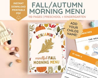 Custom Fall Autumn Morning Menu, Preschool morning menu printable, preschool worksheets, homeschool menu, alphabet printable, Name Tracing