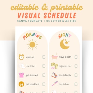 Puede incluir: Un horario visual imprimible para niños con una rutina de mañana y noche. El horario incluye iconos para actividades como despertarse, usar el inodoro, vestirse, desayunar, cepillarse los dientes, bañarse, ponerse el pijama y cepillarse el pelo. Cada actividad tiene una casilla de verificación al lado.
