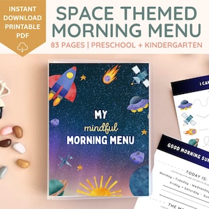 Space theme morning menu, preschool morning menu printable, preschool worksheets, homeschool menu, alphabet printable, toddler busy book