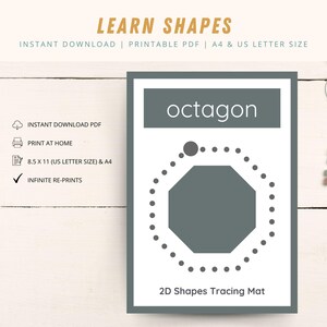 May include: Printable tracing mat featuring an octagon shape with dotted lines for tracing. The mat is labeled "octagon" and "2D Shapes Tracing Mat".