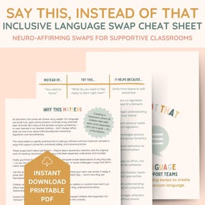 May include: A printable PDF cheat sheet titled "Say This, Instead of That" with the subtitle "Inclusive Language Swap Cheat Sheet." The document provides neuro-affirming swaps for supportive classrooms. It includes examples of language to avoid and alternative phrases.