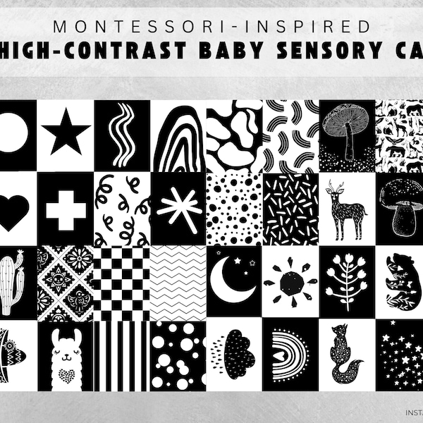 32 High Contrast Baby Cards Bundle Printable Montessori Black and White Sensory Cards for Infant Stimulation Development Baby Shower Gift