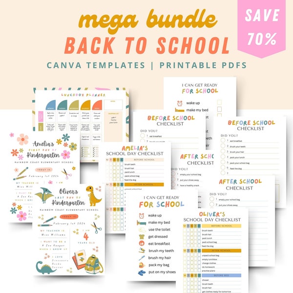 Back to School Bundle, Editable First Day of School Template, Lunchbox Planner, School Routine Checklists, Before After School Chore Chart