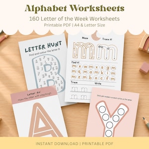 Op de afbeelding: Alfabetwerkbladen met de tekst "Alphabet Worksheets" bovenaan. De afbeelding toont verschillende afdrukbare werkbladen voor het leren van het alfabet. De werkbladen bevatten het traceren van letters, letterjachten en activiteiten voor de letters "A", "B", "M" en "Y".