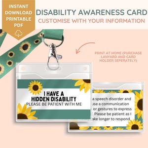 Może przedstawiać: Karta świadomości niepełnosprawności z tekstem "MAM UKRYTĄ NIEPEŁNOSPRAWNOŚĆ PROSZĘ O CIERPLIWOŚĆ" i grafiką słoneczników. Karta jest w przezroczystym uchwycie z turkusową i słonecznikową smyczą.