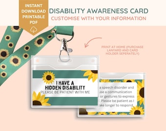 Instant download, personalized hidden disability awareness card, invisible disability, medical ID, communication cards, lanyard card