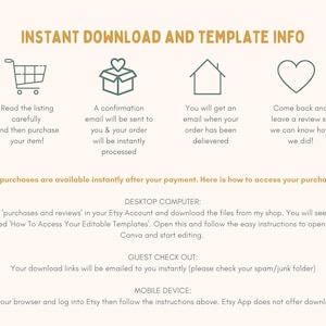 Puede incluir: Gr&aacute;fico beige con texto e iconos que proporciona informaci&oacute;n de descarga instant&aacute;nea y plantillas. Se dan instrucciones para escritorio, pago de invitados y dispositivos m&oacute;viles.