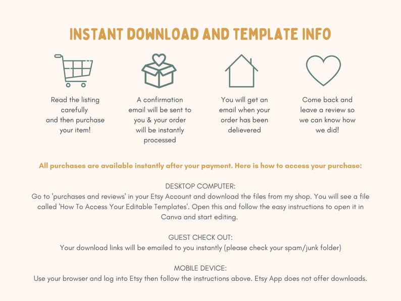 Puede incluir: Gr&aacute;fico beige con texto e iconos que proporciona informaci&oacute;n de descarga instant&aacute;nea y plantillas. Se dan instrucciones para escritorio, pago de invitados y dispositivos m&oacute;viles.
