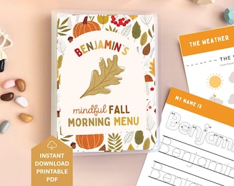 Custom Fall Autumn Morning Menu, Preschool morning menu printable, preschool worksheets, homeschool menu, alphabet printable, Name Tracing