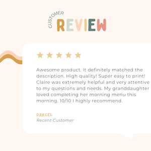 Puede incluir: Gr&aacute;fico de rese&ntilde;a de cliente con la palabra &laquo;REVIEW&raquo; en letras coloridas. La rese&ntilde;a incluye cinco estrellas doradas, una cita del cliente y el nombre del cliente, Darcel.
