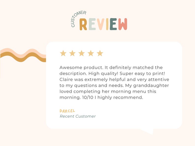 Puede incluir: Gr&aacute;fico de rese&ntilde;a de cliente con la palabra &laquo;REVIEW&raquo; en letras coloridas. La rese&ntilde;a incluye cinco estrellas doradas, una cita del cliente y el nombre del cliente, Darcel.