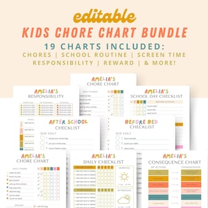Editable Kids Chore Chart, Reward, Allowance, Screen time, School Routine, Behaviour Chart, Consequences, Daily Checklist, Weekly Chores PDF