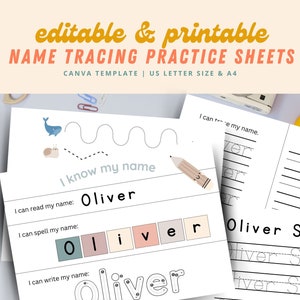 May include: Printable name tracing practice sheets for kids featuring a whale and snail illustration. The sheets include sections for reading, spelling, and writing the name "Oliver".
