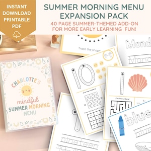 Pack d'extension Menu du matin d'été, menu du matin préscolaire imprimable, feuilles de calcul préscolaires, alphabet imprimable, traçage de nom personnalisé