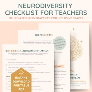 May include: A printable PDF checklist for teachers, focusing on neurodiversity in the classroom. The design includes a light beige background with teal and gold text. The checklist provides guidance for creating inclusive spaces.