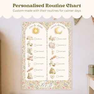 May include: A rectangular routine chart featuring a floral border, a sun icon labelled rise & shine, and a moon icon labelled sweet dreams. The chart includes checkboxes next to illustrated daily tasks and the name Rose printed at the bottom.