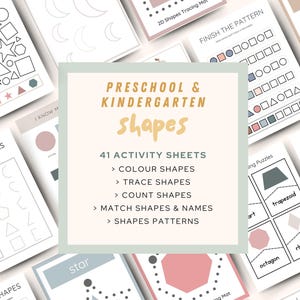 May include: A set of 41 printable activity sheets for preschool and kindergarten students featuring various shapes. The sheets include activities such as coloring, tracing, counting, matching shapes to names, and creating shape patterns.